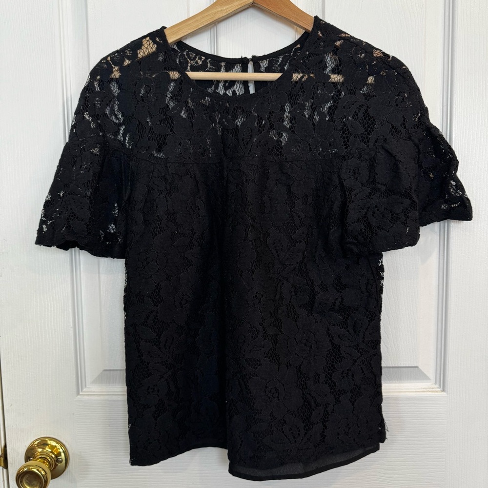 BB Dakota Black Floral Lace Top XS Sheer Short Sleeve Romantic Boho Date Night
